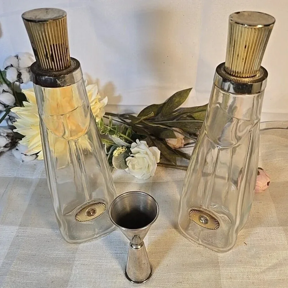 RARE 1956 Seagrams Glass Bar Decanter Bottle MCM Gold Starburst x2 Set